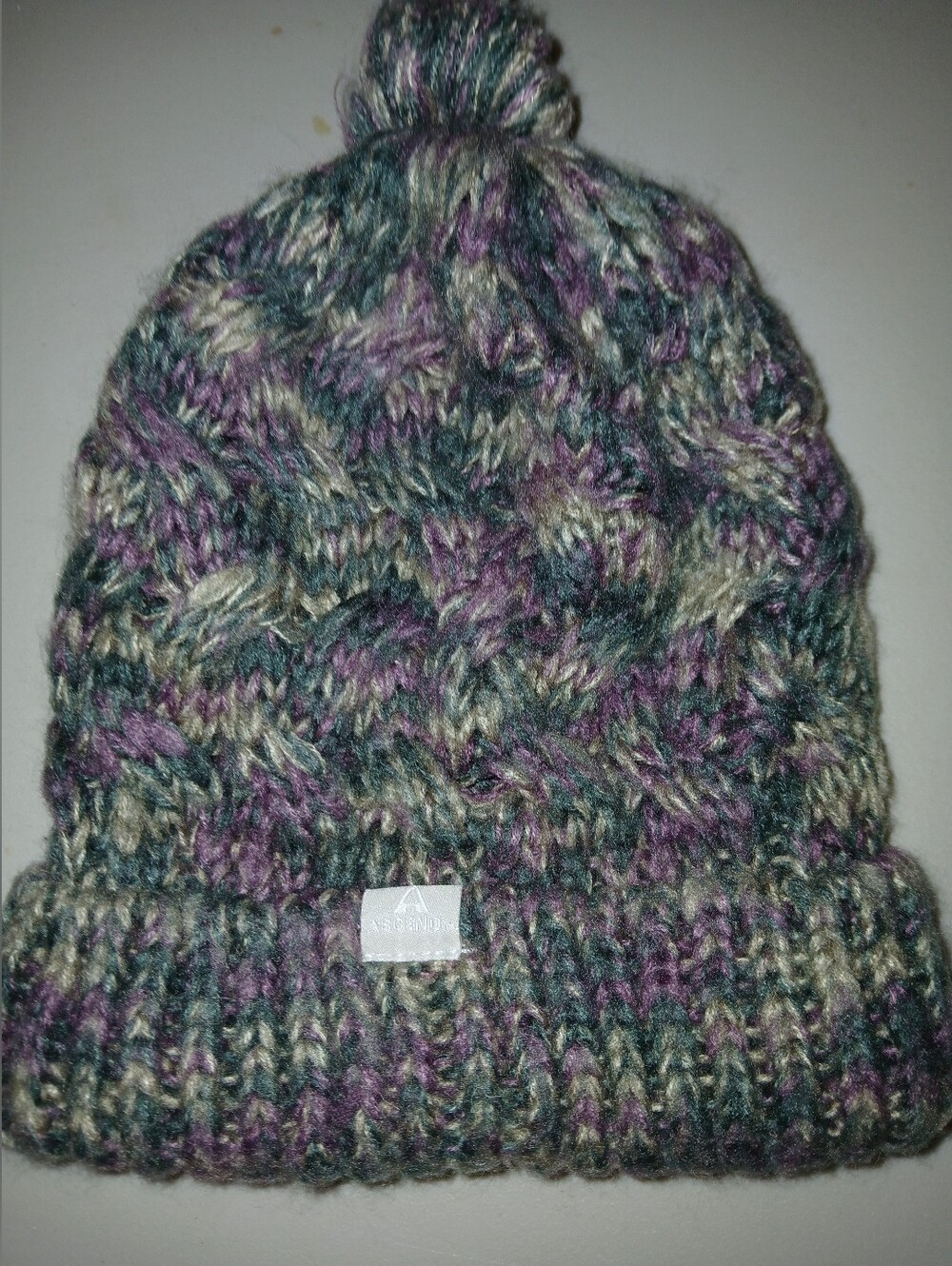 Chunky Cable Knit Beanie with Pom-Pom – Purple & Green Marled Mix